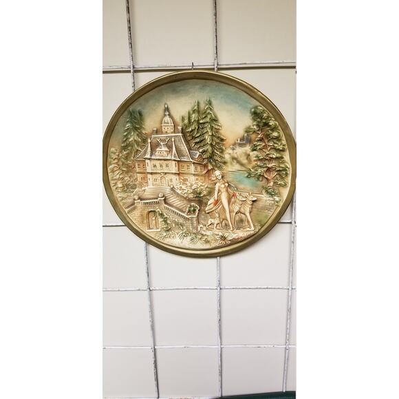Vintage Chalkware Wall Plaque, 3D Plate Plaster Large Round, Victorian Style - Picture 2 of 6
